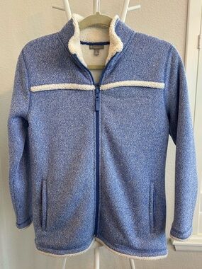T by Talbots Blue Heathered Sweater Fleece Full Zip Jacket, Sherpa Trim, M Pet
